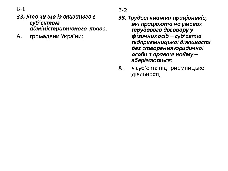 В-1 33. Хто чи що із вказаного є суб’єктом адміністративного  право: громадяни України;